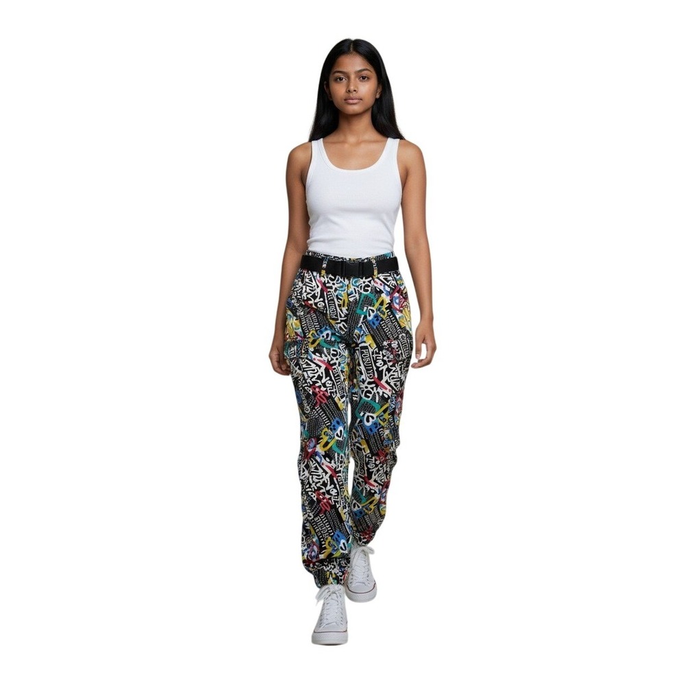 V.I.P. Graffiti Newsprint Jogger Pants Multicolor Belted Streetwear- Juniors 5/6